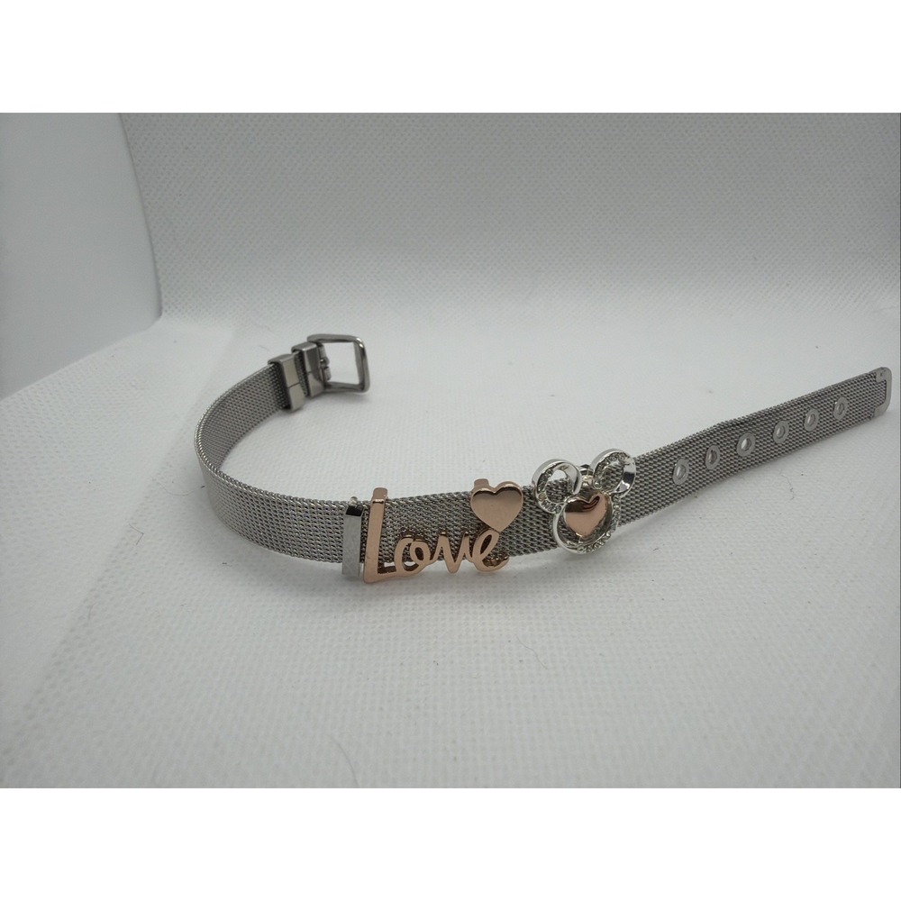 Disney LA CN Woven Mesh Belt Style Slider Bracelet Mickey Love Heart Charm